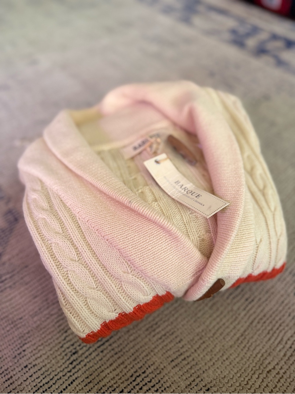 Barque Cable Knit Shawl Collar Sweater in Striped Cream Wool XL